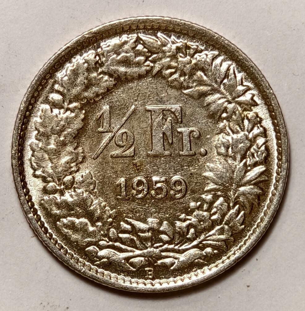 紫瑗钱币——第396期拍卖 瑞士 1959年 B版 赫尔维蒂女神 1/2法郎 2.5克 0.835银 UNC