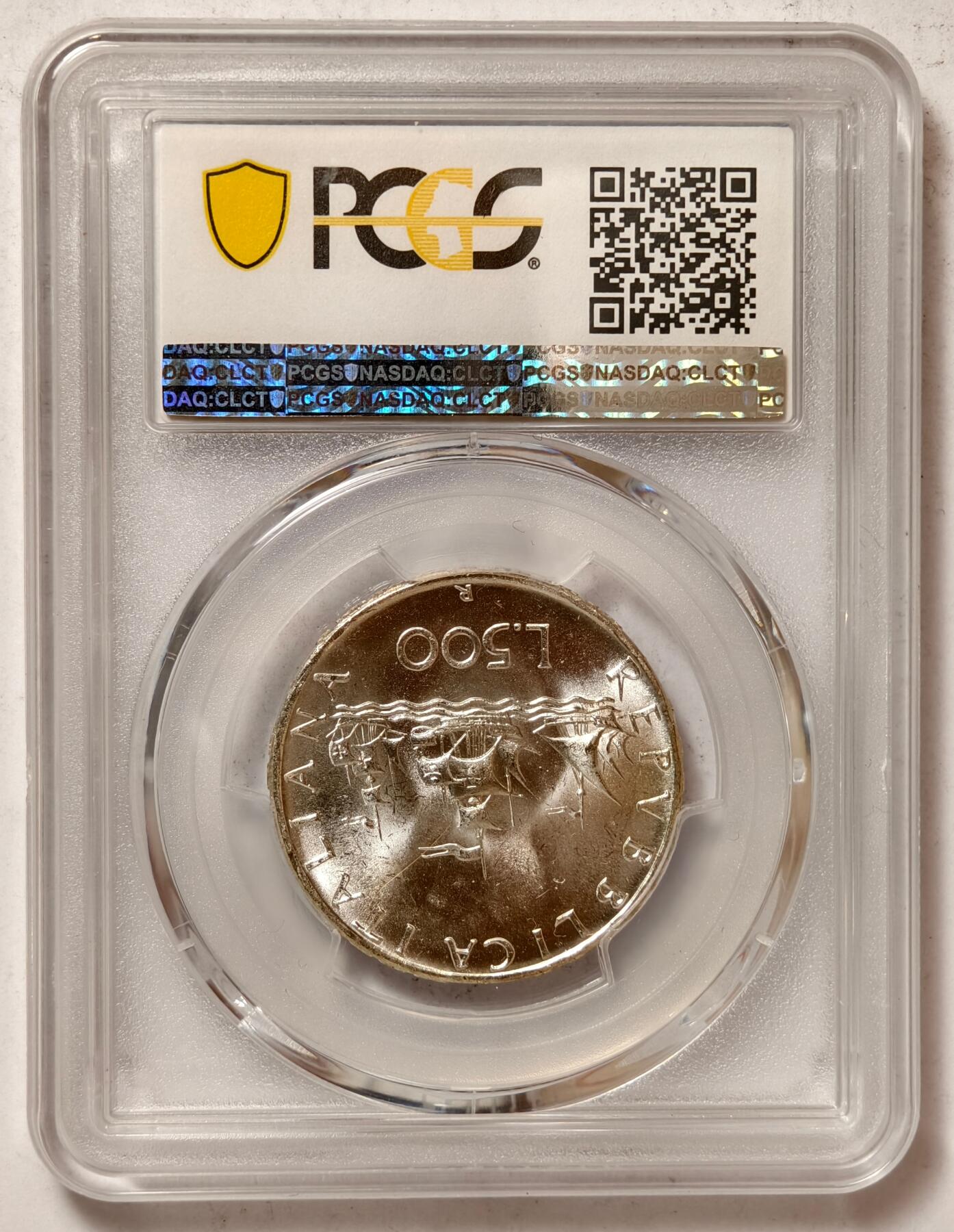 紫瑗钱币——第468期 意大利 1966年 R版 少女与帆船 500里拉 银币 PCGS MS65