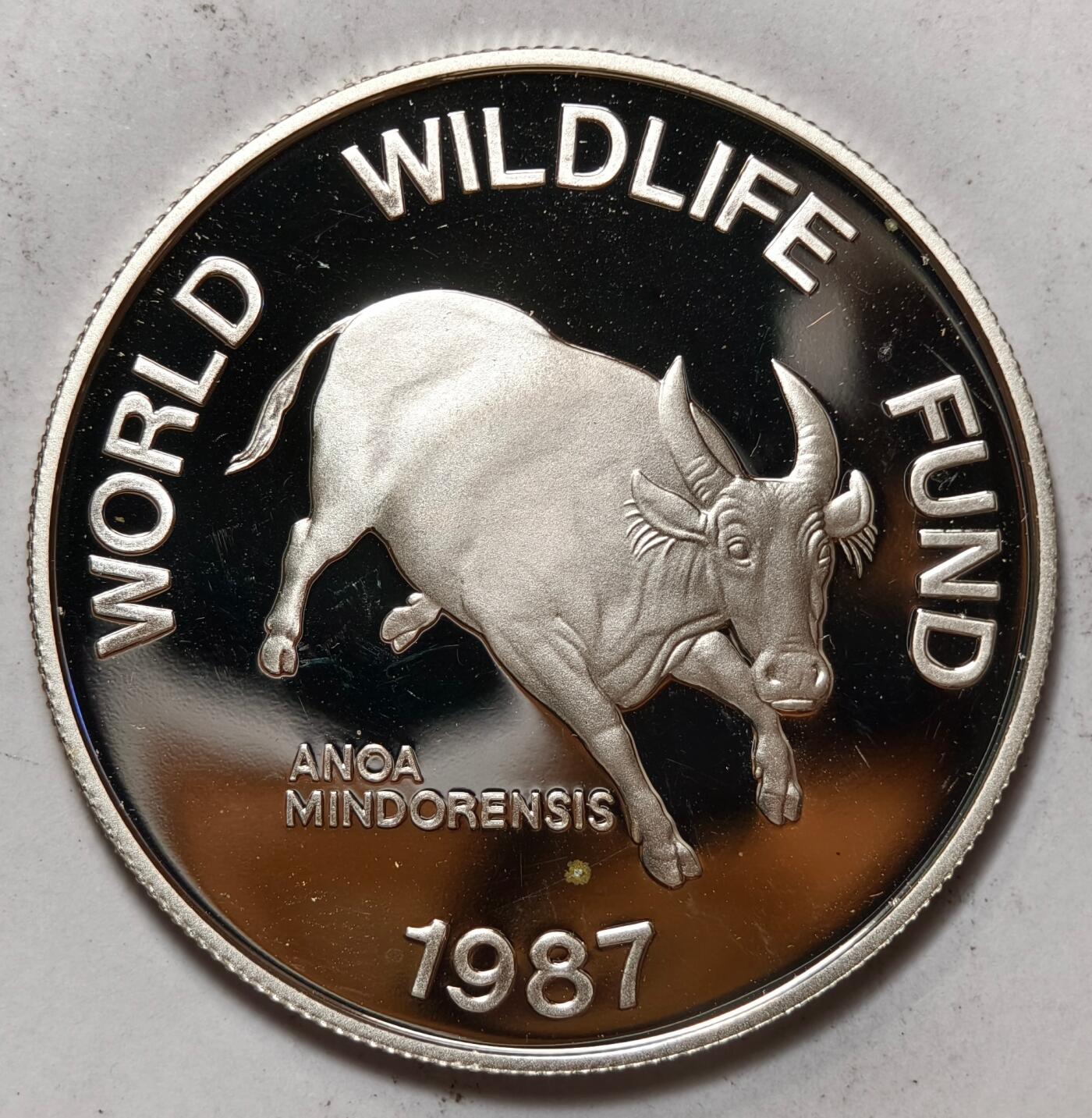 紫瑗钱币——第396期拍卖 菲律宾 1987年 WWF棉兰老水牛 200比索 精制纪念币 25克 0.925银