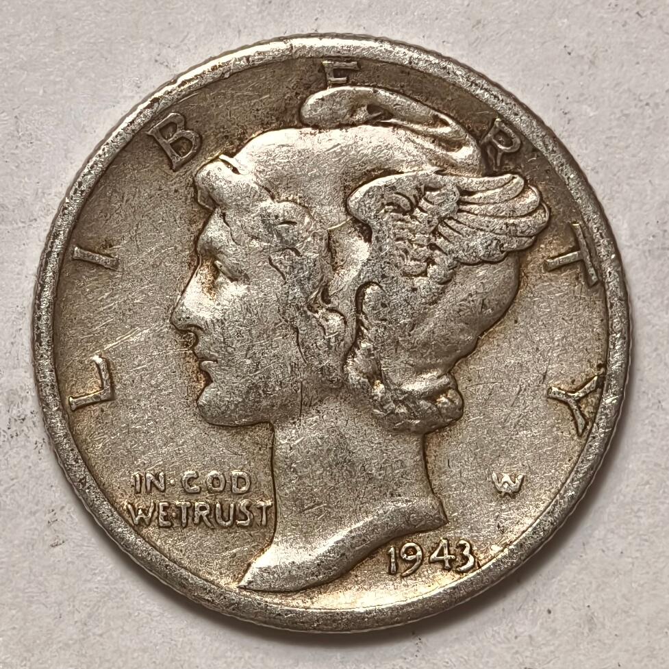 紫瑗钱币——第396期拍卖 美国 1943年 D版 墨丘比利 小飞侠 10美分 2.5克 0.9银