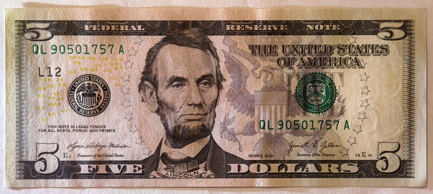 紫瑗钱币——第395期拍卖—— 纸币场 美国 2021年 L版 无序列 亚伯拉罕·林肯 5美元 彩色版 UNC