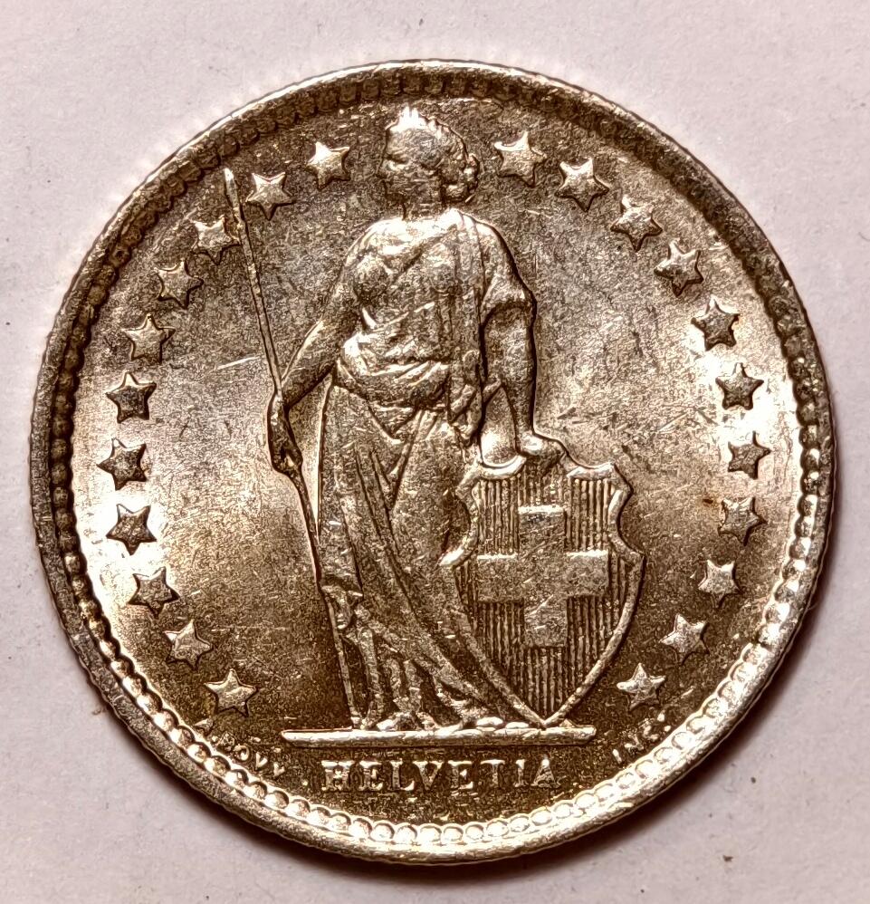 紫瑗钱币——第396期拍卖 瑞士 1962年 B版 赫尔维蒂女神 1/2法郎 2.5克 0.835银 UNC