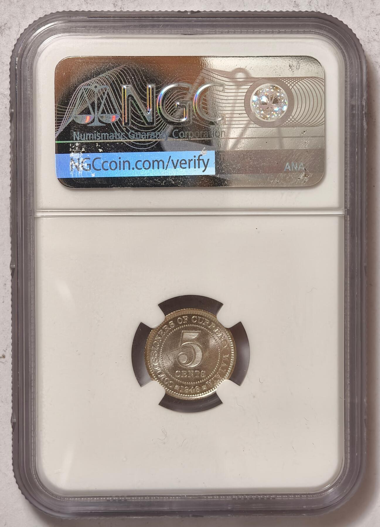 紫瑗钱币——第396期拍卖 马来亚 1943年 乔治六世 5分 银币 NGC MS64