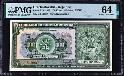 【Blue Auction】✨世界纸币精拍第517期【精】 - 【大珍 百年风云 唯一冠军分实钞罕见】捷克斯洛伐克 国宝级画家慕夏 1920年100克朗 PMG64  ABNC双面雕刻 从少女心到民族爱 风格即是一切 油墨凹凸感非常好 细节丰富 兼具艺术性和高度收藏价值的一件作品 升值空间巨大 国外大拍也未曾拍过如此高分 （通过欣赏慕夏的作品，我们可以领略到新艺术运动的魅力和其独特的艺术风格。他的作品不仅是艺术的瑰宝，更是时代的见证）