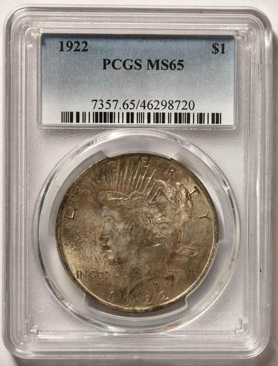 紫瑗钱币——第530期——节后发货 - 美国 1922年 和平鸽 1元 银币 PCGS MS65 老盒 65难度比摩根高 带包浆