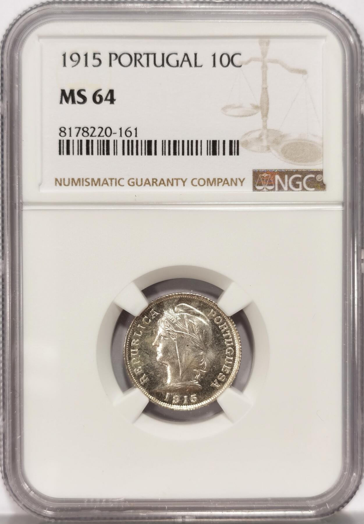 博洋堂世界钱币拍卖第086期（全场包邮） NGC MS64 葡萄牙1915年10C银币 少见面值
