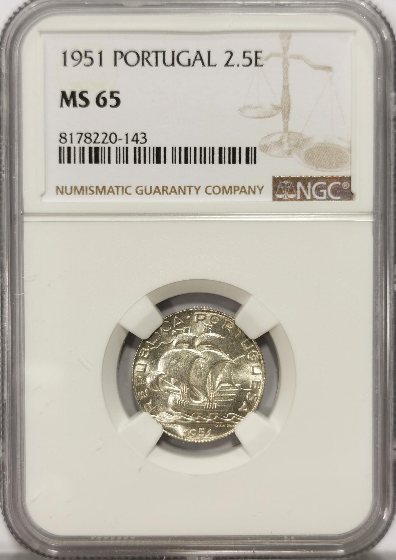 博洋堂世界钱币拍卖第086期（全场包邮） NGC MS65 葡萄牙1951年2.5埃斯库多银币