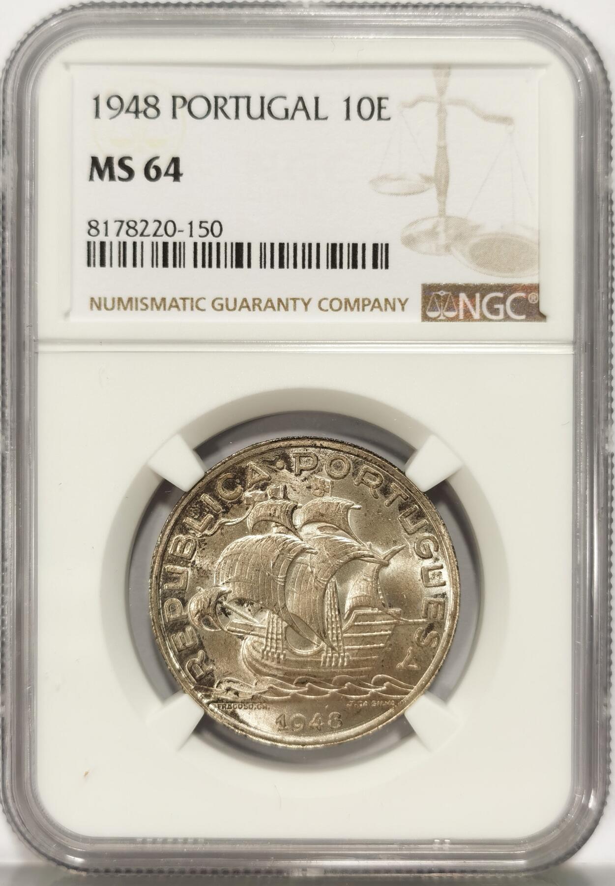 博洋堂世界钱币拍卖第086期（全场包邮） NGC MS64 葡萄牙1948年帆船10埃斯库多银币