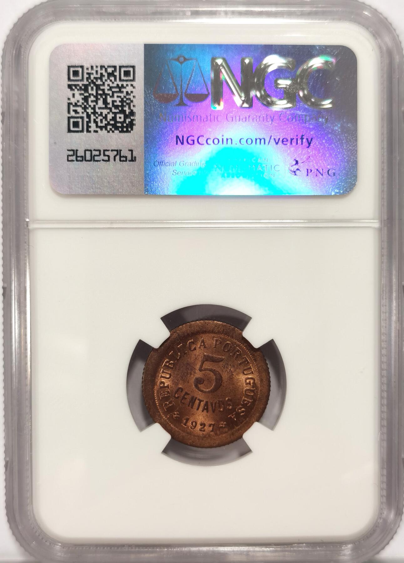 博洋堂世界钱币拍卖第086期（全场包邮） NGC MS64RB 葡萄牙1927年少女5分铜币 少见品 仅三枚更高