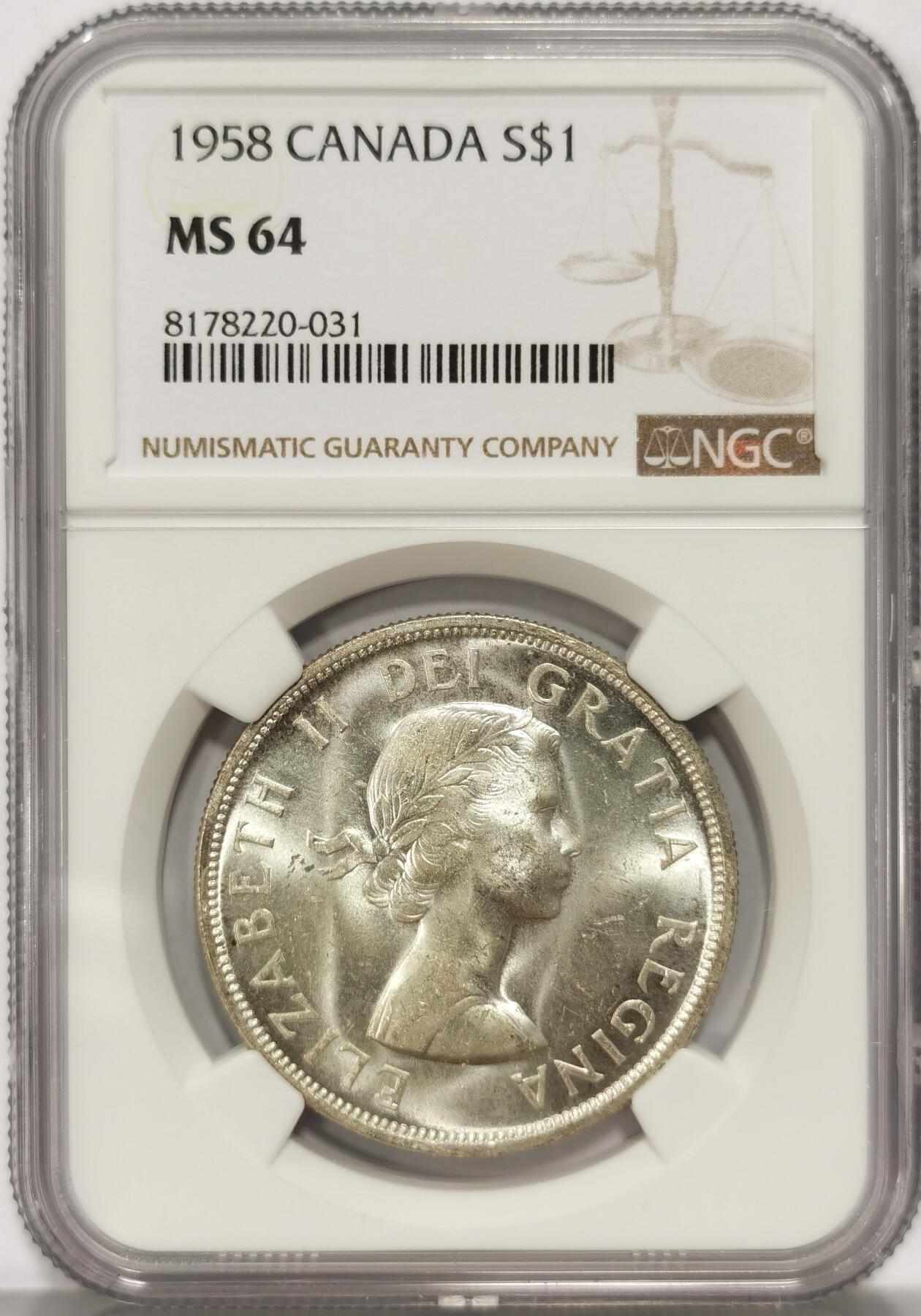 博洋堂世界钱币拍卖第086期（全场包邮） NGC MS64 加拿大1958年哥伦比亚百年纪念1元银币