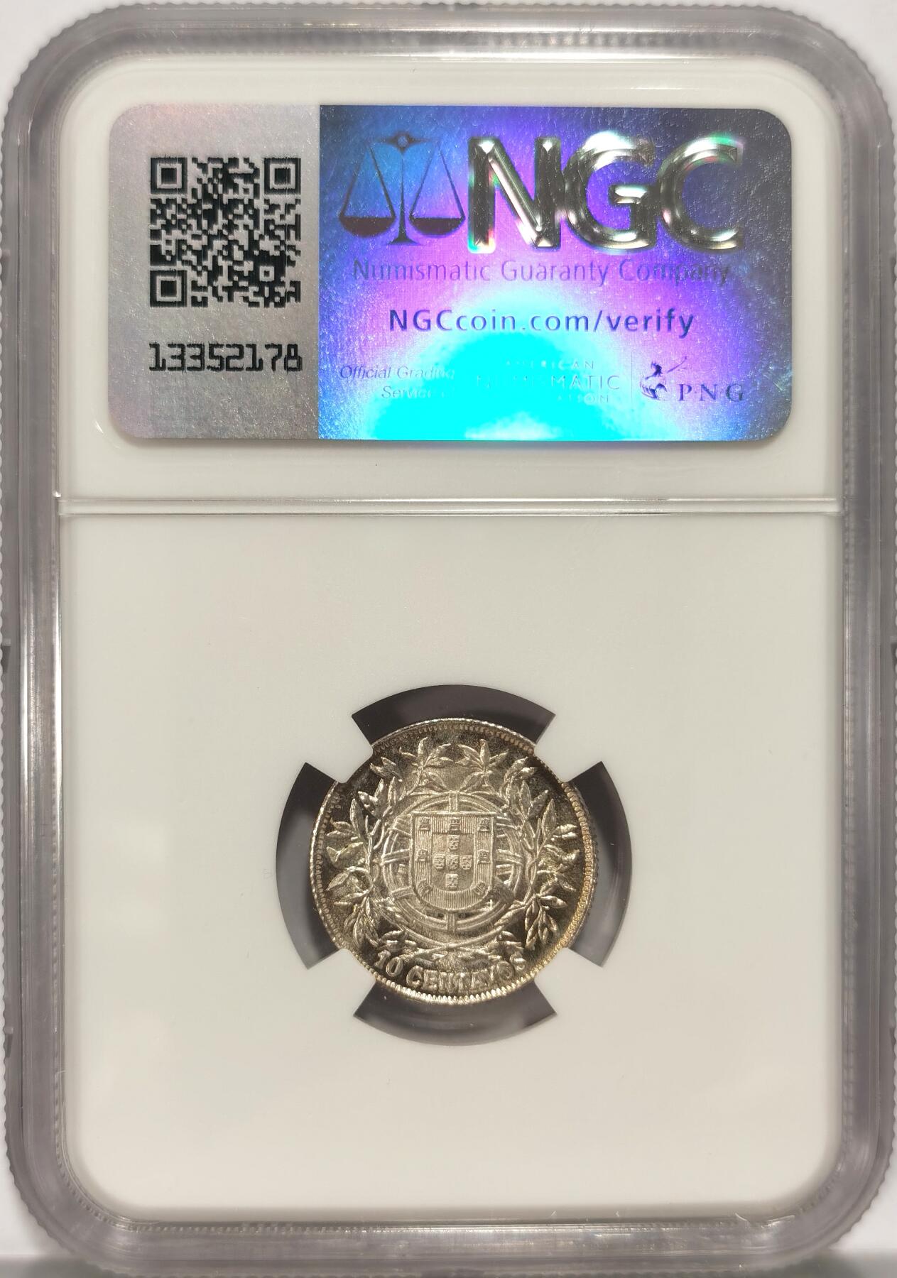 博洋堂世界钱币拍卖第086期（全场包邮） NGC MS64 葡萄牙1915年10C银币 少见面值