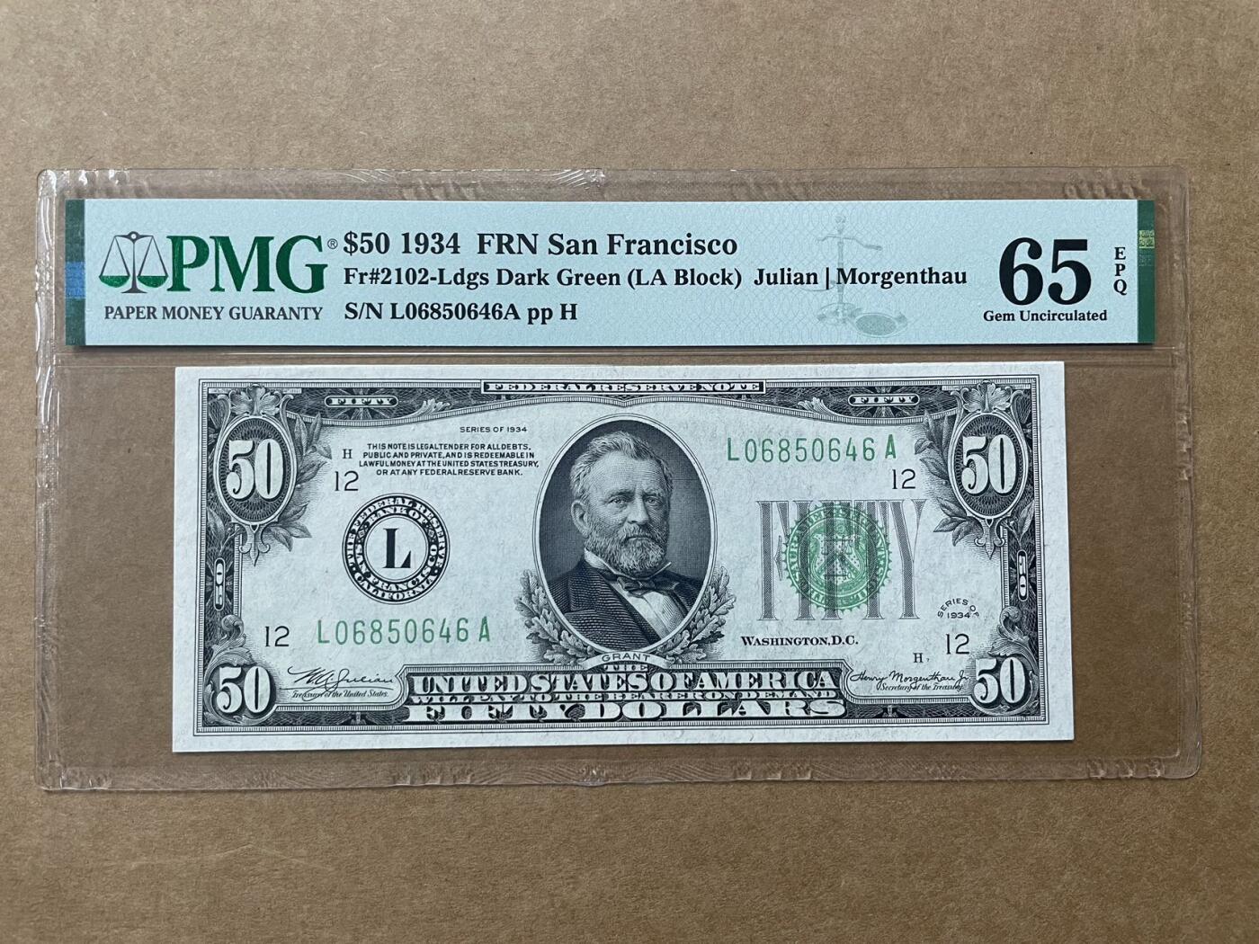 美国1934年50元 旧金山联储分行发行 PMG65EPQ