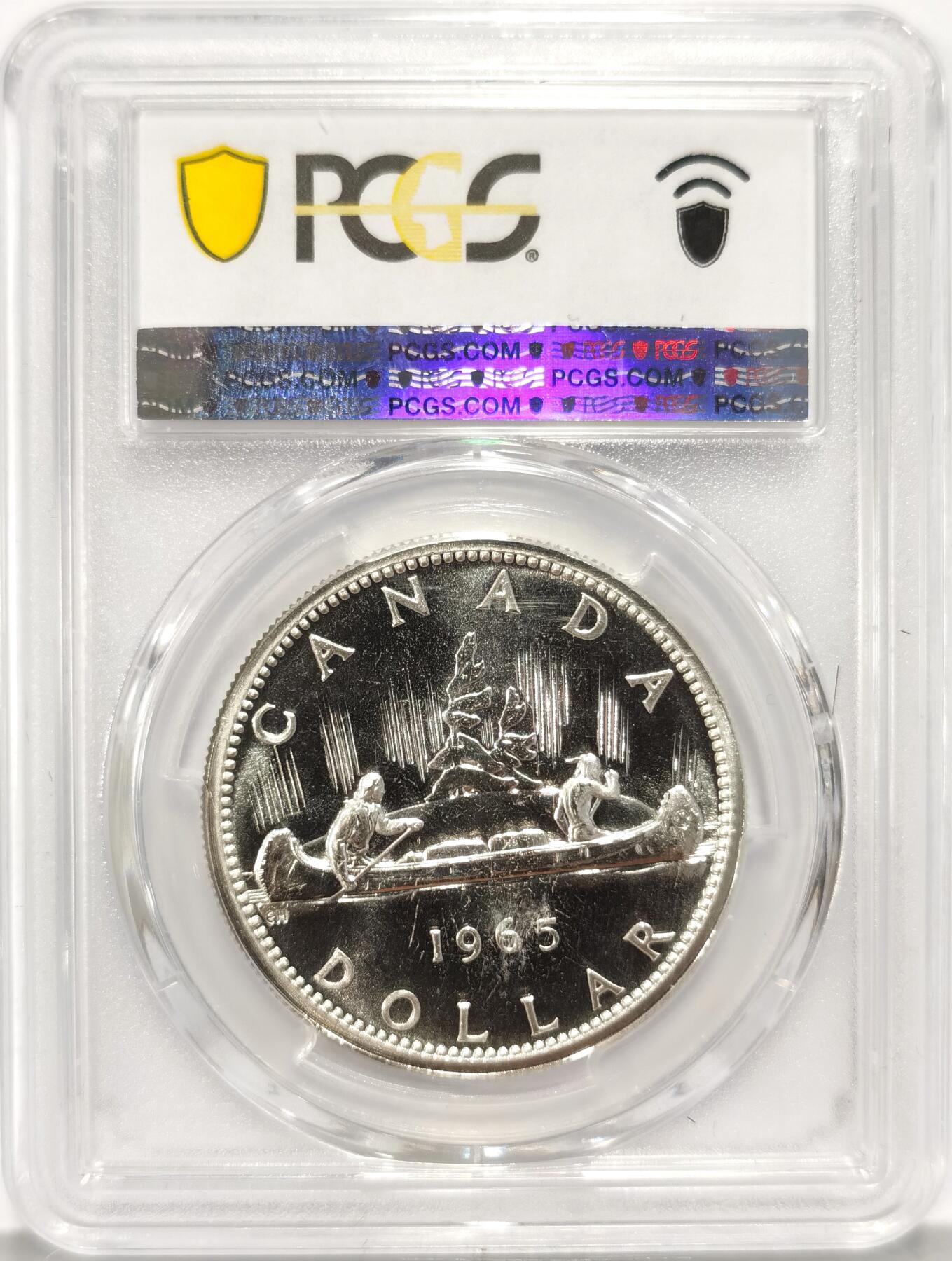 博洋堂世界钱币拍卖第086期（全场包邮） 1965年加拿大独木舟划船1元银币PCGS-PL66，原汁原味老包浆，币面清爽干净又漂亮，类镜面效果，伊丽莎白二世青年头像，经典原住民划船图案，图案精美