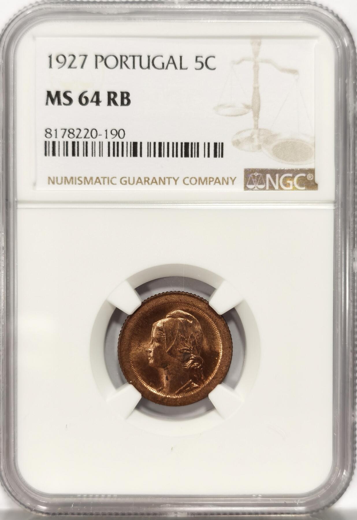 博洋堂世界钱币拍卖第086期（全场包邮） NGC MS64RB 葡萄牙1927年少女5分铜币 少见品 仅三枚更高