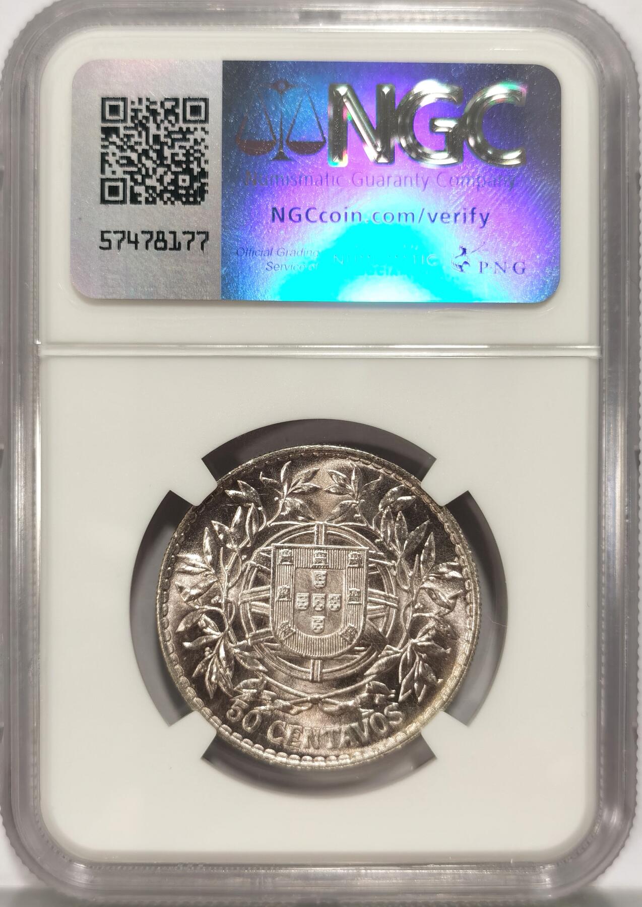 博洋堂世界钱币拍卖第086期（全场包邮） NGC MS64 葡萄牙1916年50C半圆银币