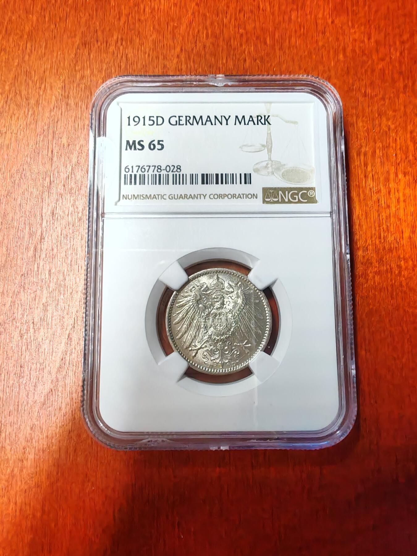 长老汇龙年精选第十五场拍卖 1915D 德国1马克银币，NGC MS65，闪亮