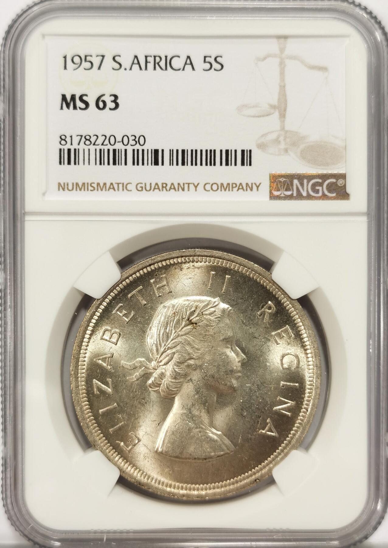 博洋堂世界钱币拍卖第086期（全场包邮） NGC MS63 英属南非1957年5先令大银