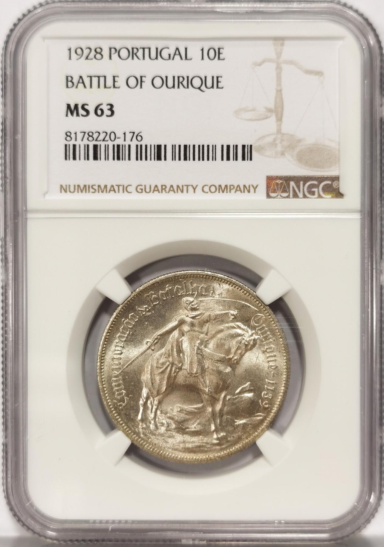 博洋堂世界钱币拍卖第086期（全场包邮） NGC MS63 葡萄牙1928年奥里基战役10埃斯库多银币
