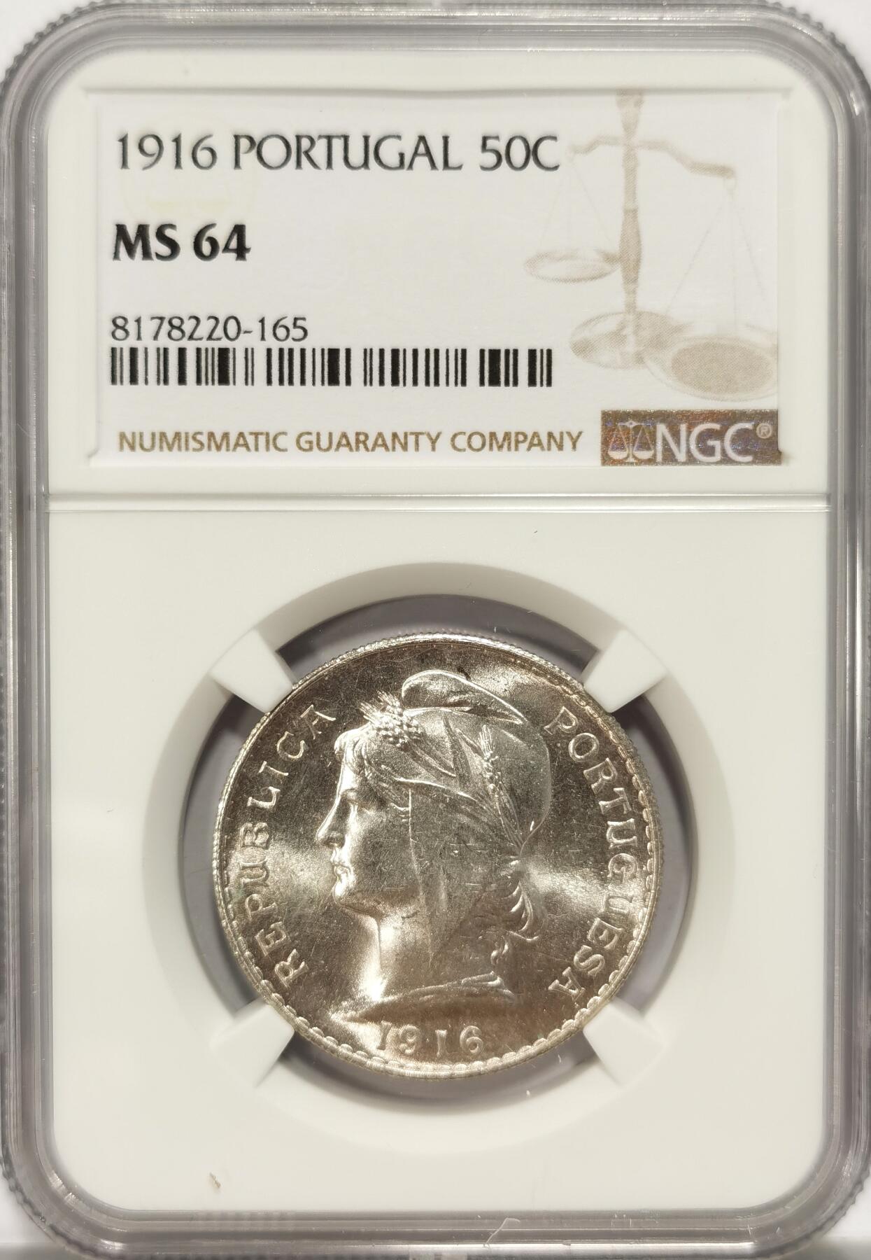 博洋堂世界钱币拍卖第086期（全场包邮） NGC MS64 葡萄牙1916年50C半圆银币