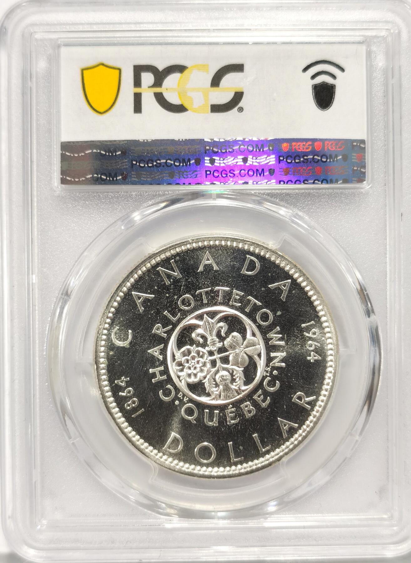 博洋堂世界钱币拍卖第086期（全场包邮） 1964年加拿大联合会会议1元银币PCGS-PL66，直径36mm，重23.32克，800银。原汁原味老包浆，币面清爽干净又漂亮，类镜面效果