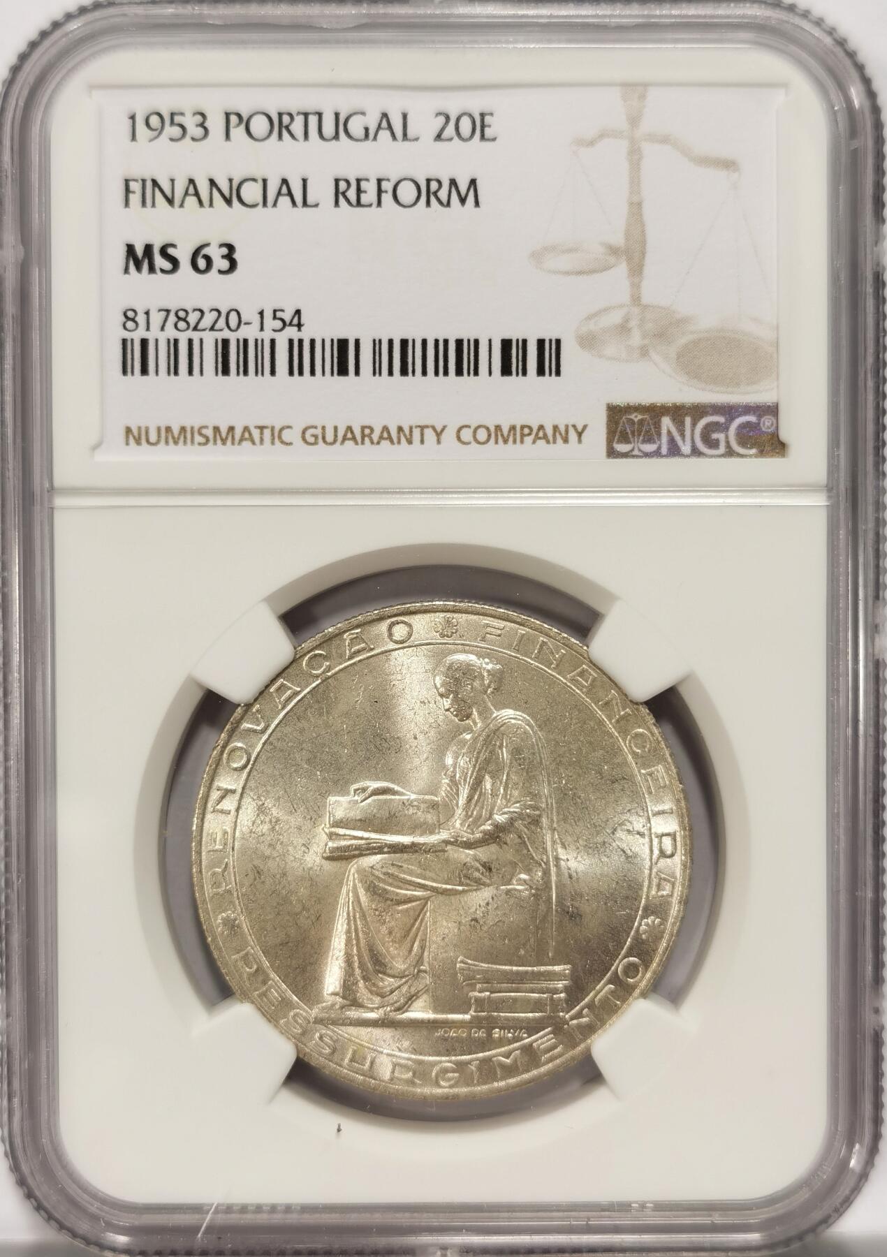 博洋堂世界钱币拍卖第086期（全场包邮） NGC MS63 葡萄牙1953年金融改革25周年20埃斯库多银币