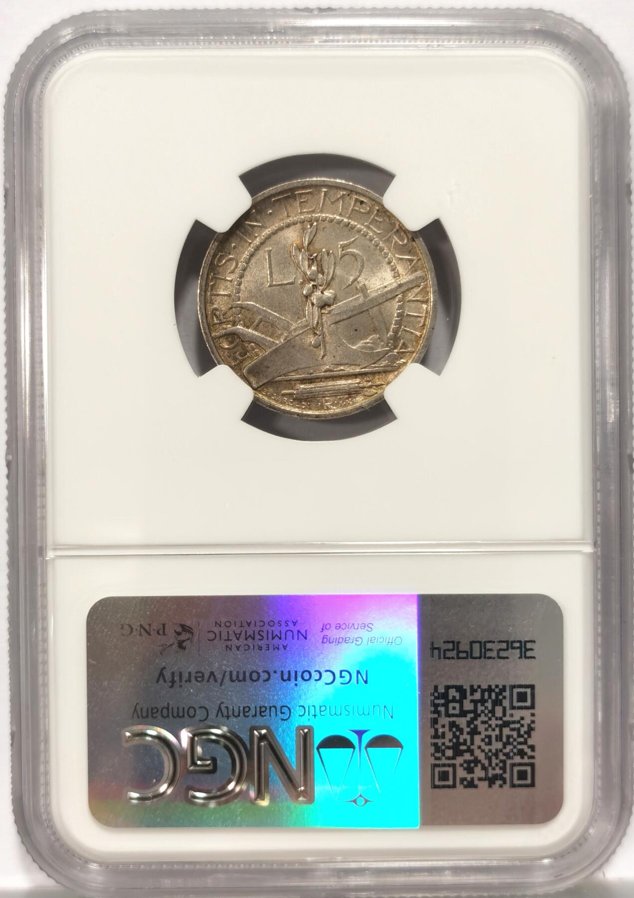 博洋堂世界钱币拍卖第086期（全场包邮） NGC MS64 圣马力诺1938年5里拉银币