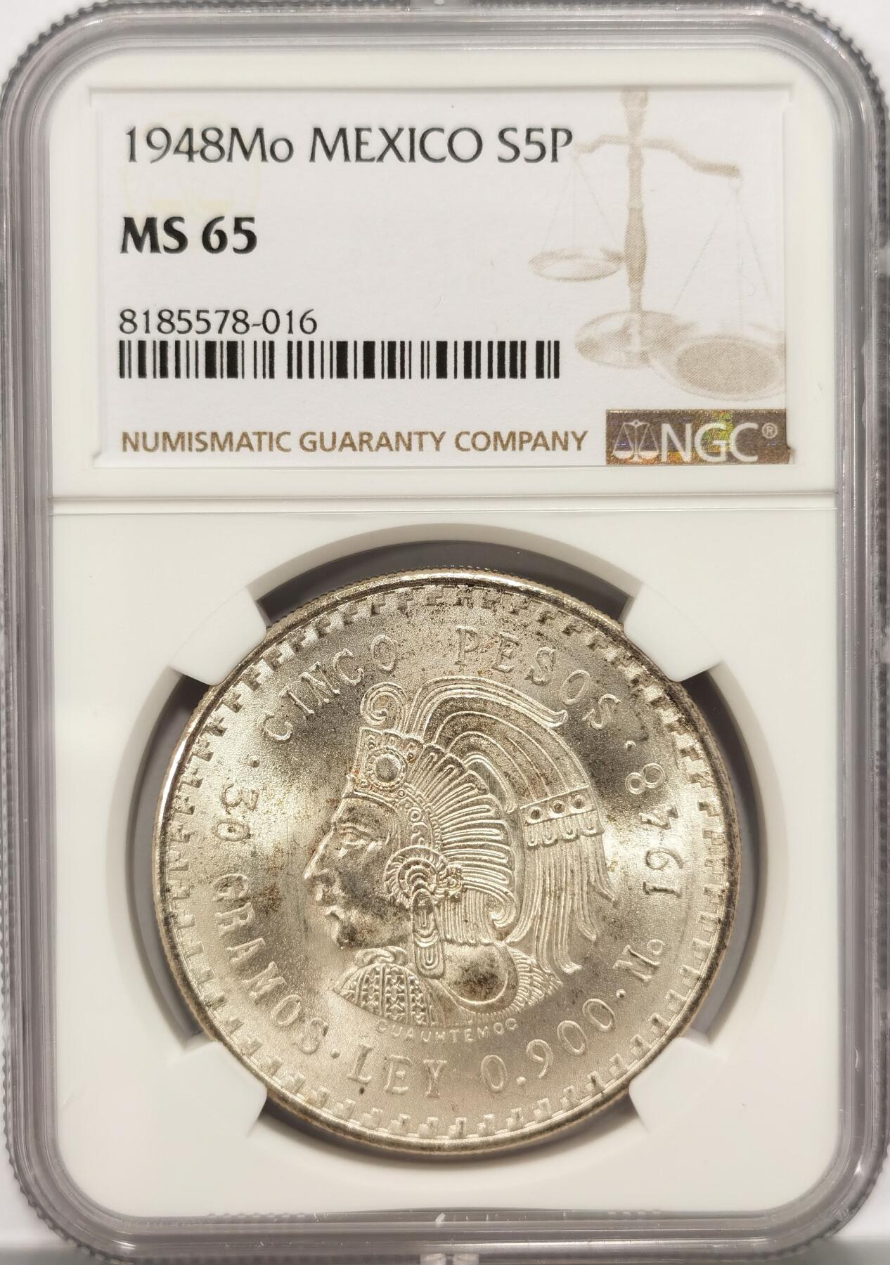 博洋堂世界钱币拍卖第086期（全场包邮） NGC MS65 墨西哥1948年玛雅人5比索银币，卷拆第二天送评，Gem品相