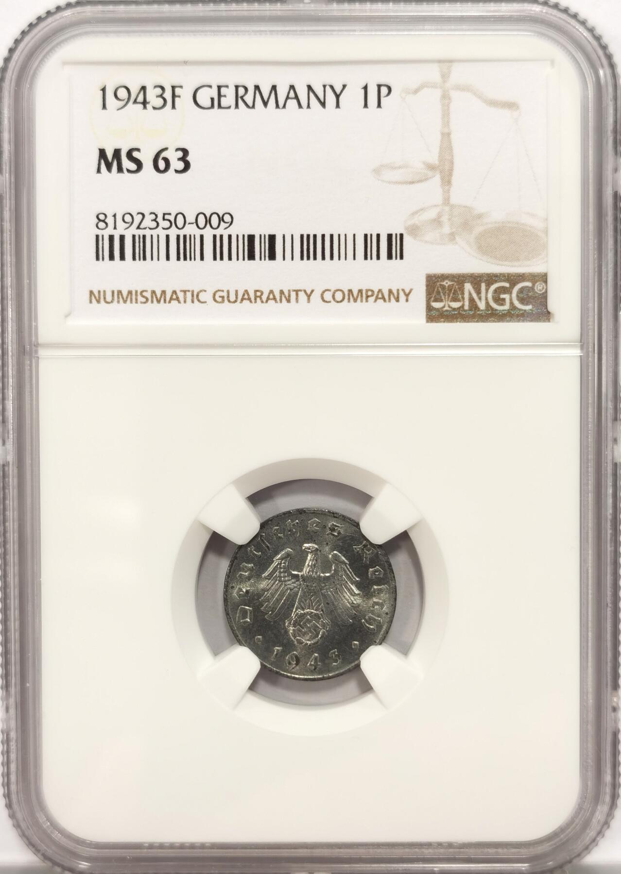 博洋堂世界钱币拍卖第086期（全场包邮） NGC MS63 德国1943F1芬尼锌币，卷拆马上送评，收藏品相