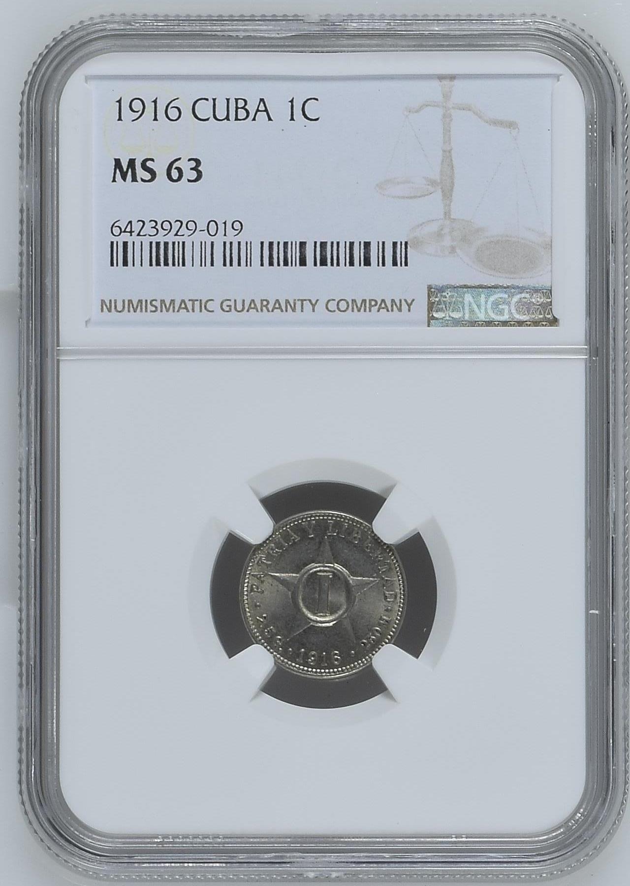 长老汇龙年精选第十五场拍卖 1916 古巴1分铜镍币，NGC MS63