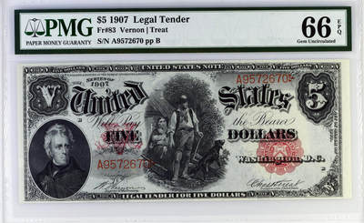 【Blue Auction】✨世界纸币精拍第517期【精】 - 【冠军分】美国 1907年5美金 经典伐木工 杰克逊 背绿 PMG66EPQ 老壳高分 