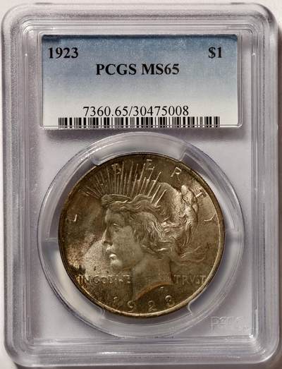 紫瑗钱币——第576期 - 美国 1923年 和平鸽 1元 银币 PCGS MS65 老盒 65难度比摩根高 带包浆