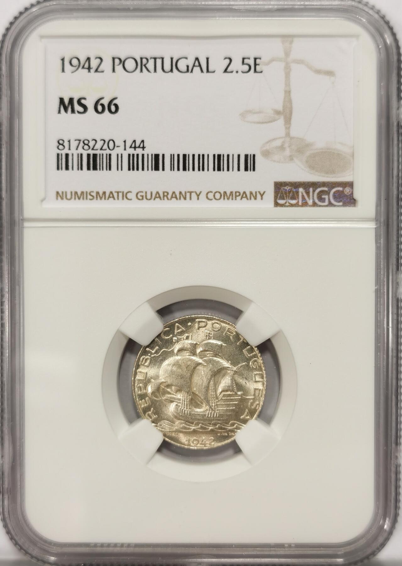 博洋堂世界钱币拍卖第086期（全场包邮） NGC MS66 葡萄牙1942年2.5埃斯库多银币