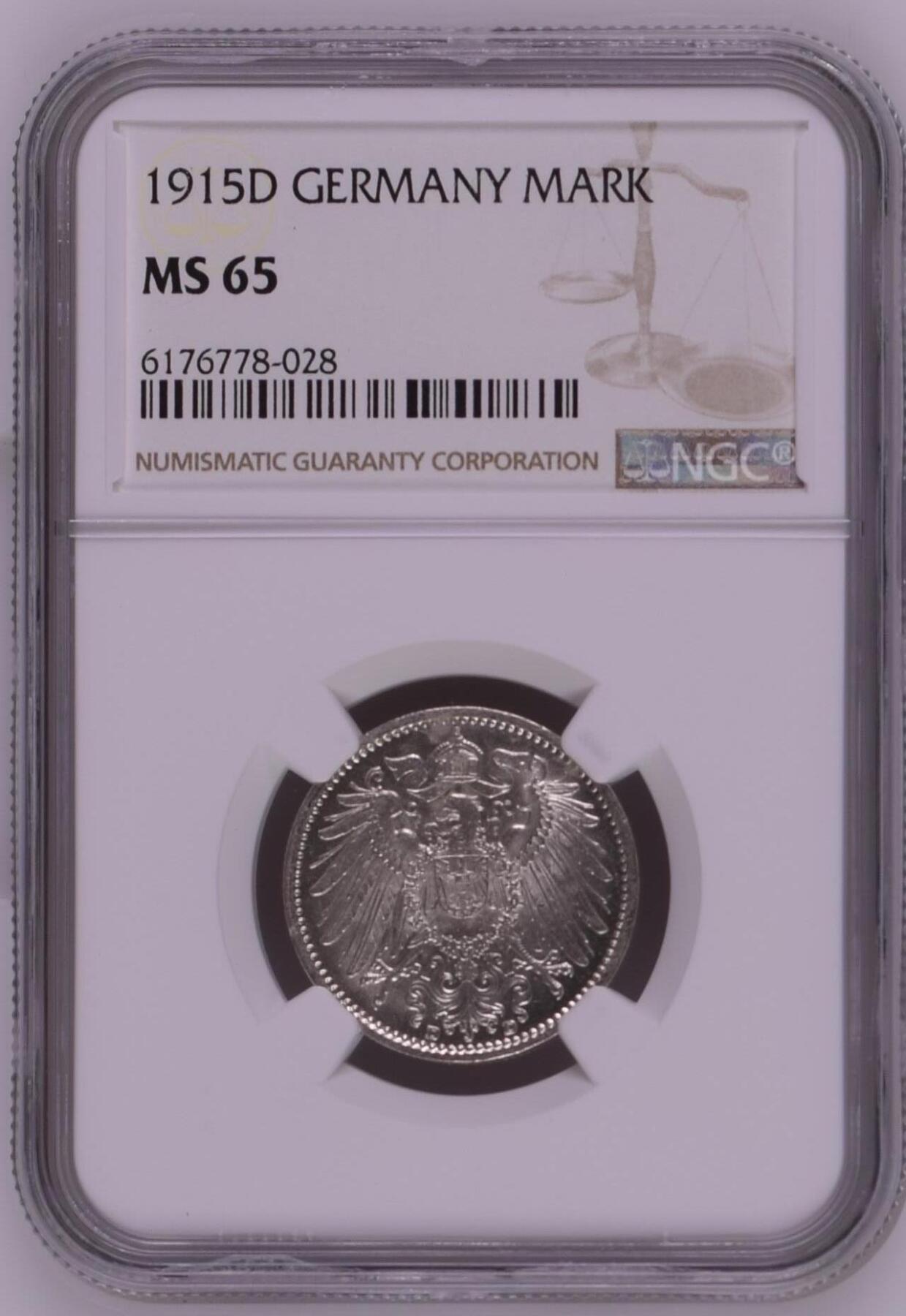 长老汇龙年精选第十五场拍卖 1915D 德国1马克银币，NGC MS65，闪亮