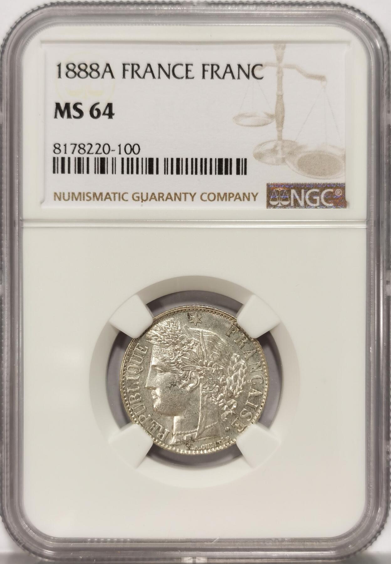 博洋堂世界钱币拍卖第086期（全场包邮） NGC MS64 法国1888年谷物女神1法郎银币 高分