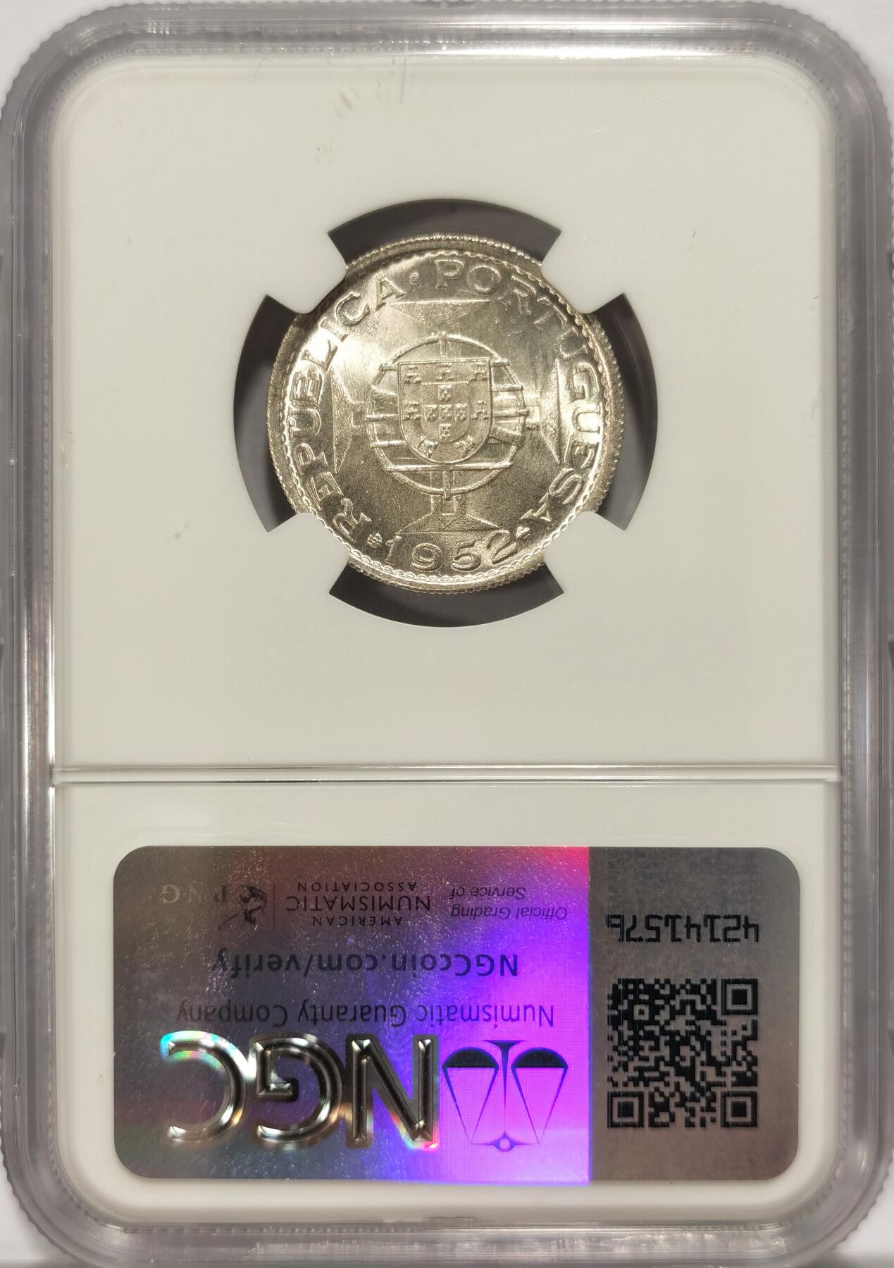 博洋堂世界钱币拍卖第086期（全场包邮） NGC MS65 葡属安哥拉1952年10埃斯库多银币