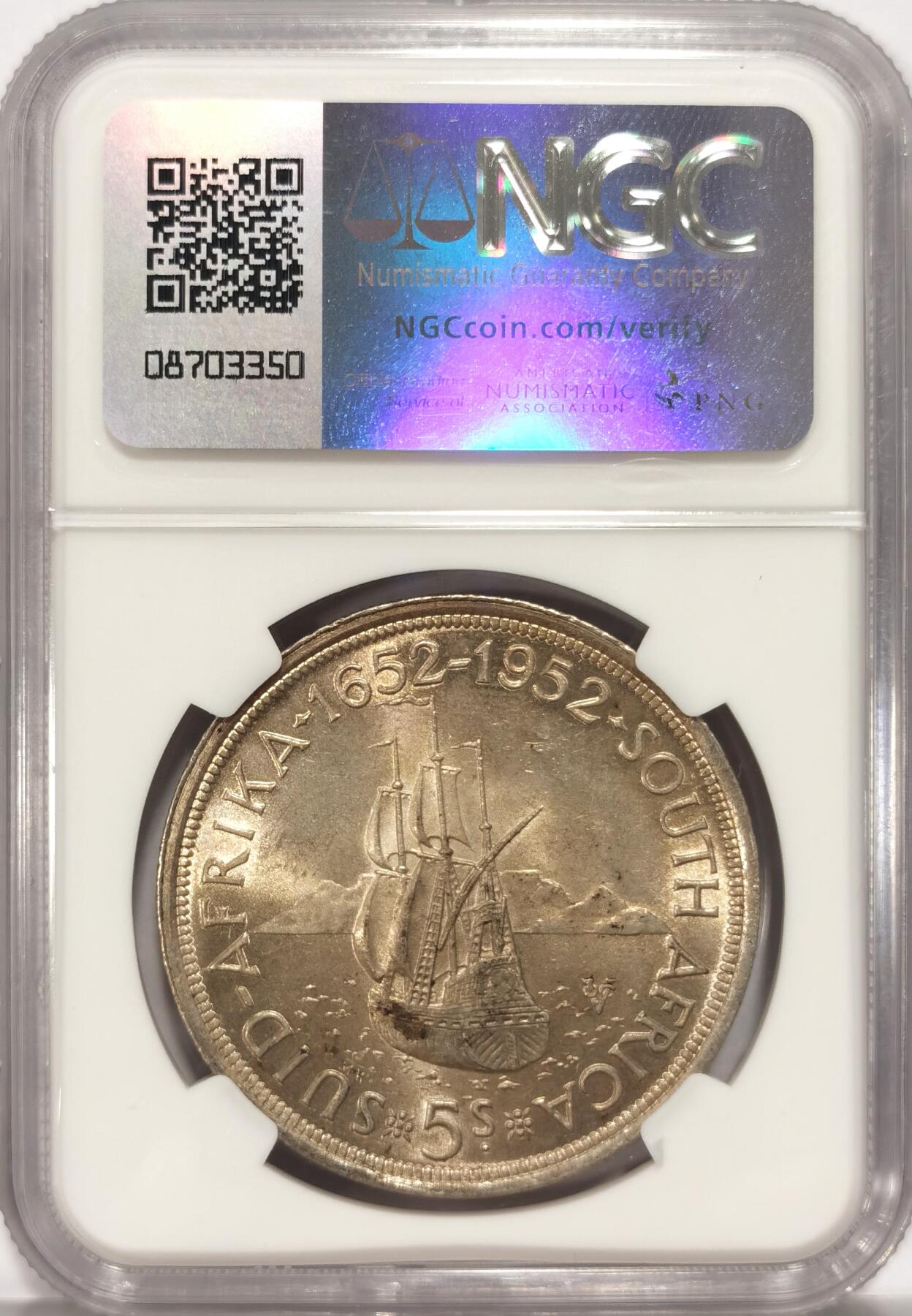 博洋堂世界钱币拍卖第086期（全场包邮） NGC MS62 南非1952年乔六开普敦创立纪念5先令大银