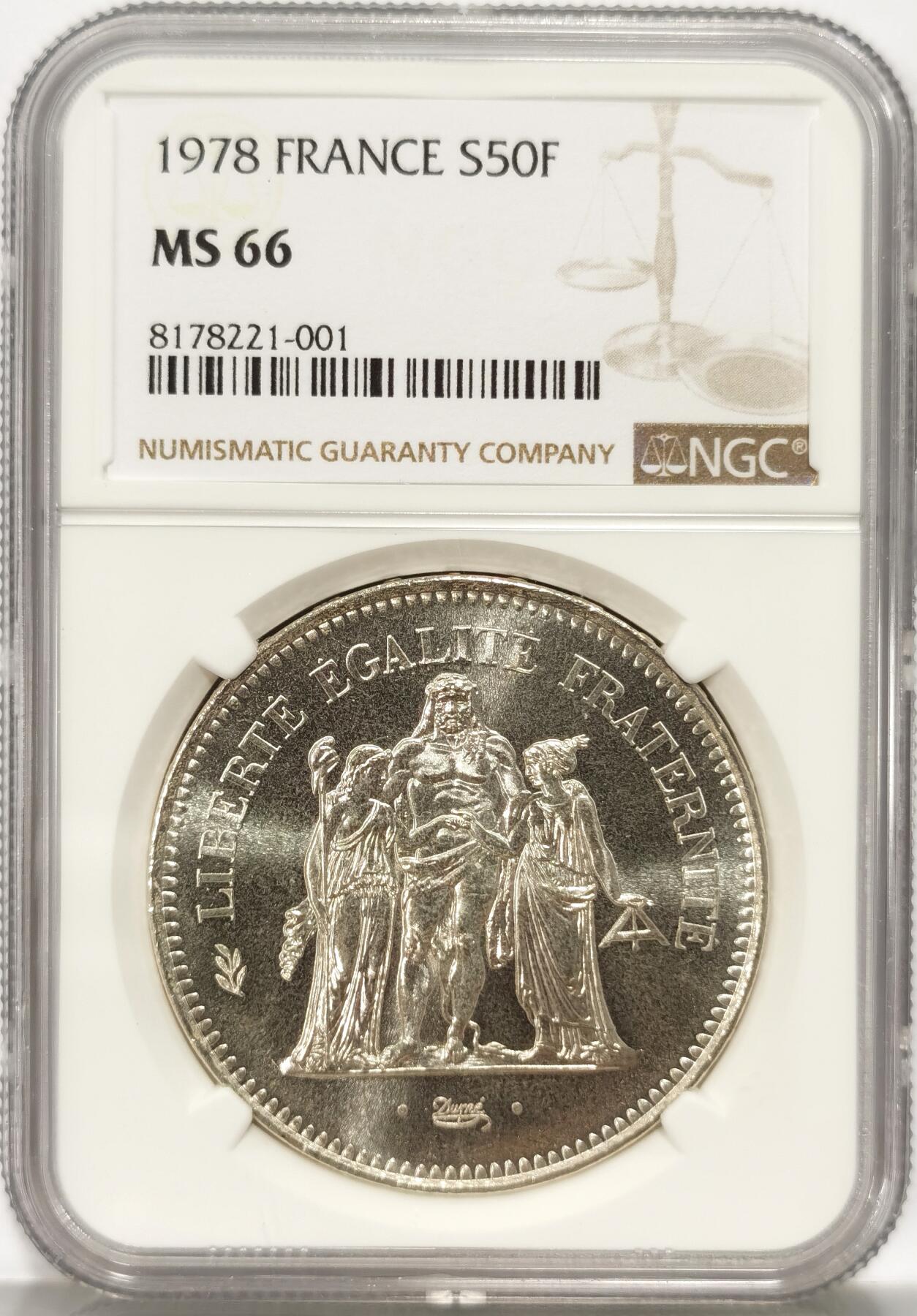 博洋堂世界钱币拍卖第086期（全场包邮） NGC MS66 法国1978年大力神50法郎大银币