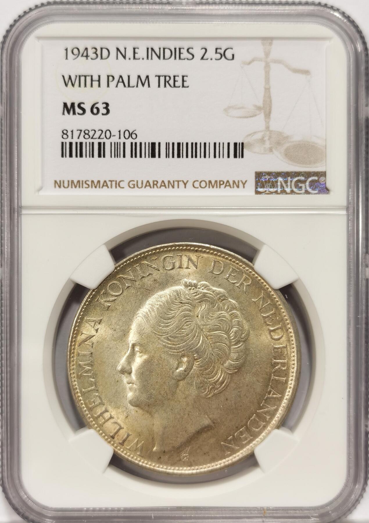 博洋堂世界钱币拍卖第086期（全场包邮） NGC MS63 荷属东印度1943年威廉明娜2.5盾大银币