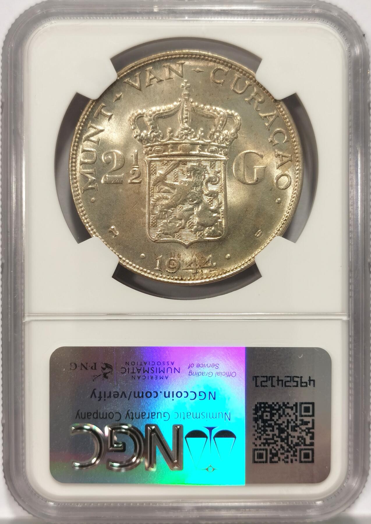 博洋堂世界钱币拍卖第086期（全场包邮） NGC MS64 荷属库拉索1944年威廉明娜2.5盾大银币