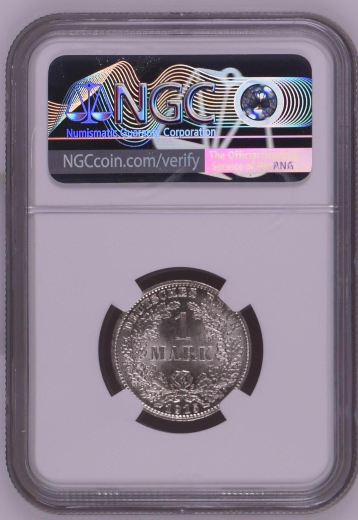 长老汇龙年精选第十五场拍卖 1915D 德国1马克银币，NGC MS65，闪亮