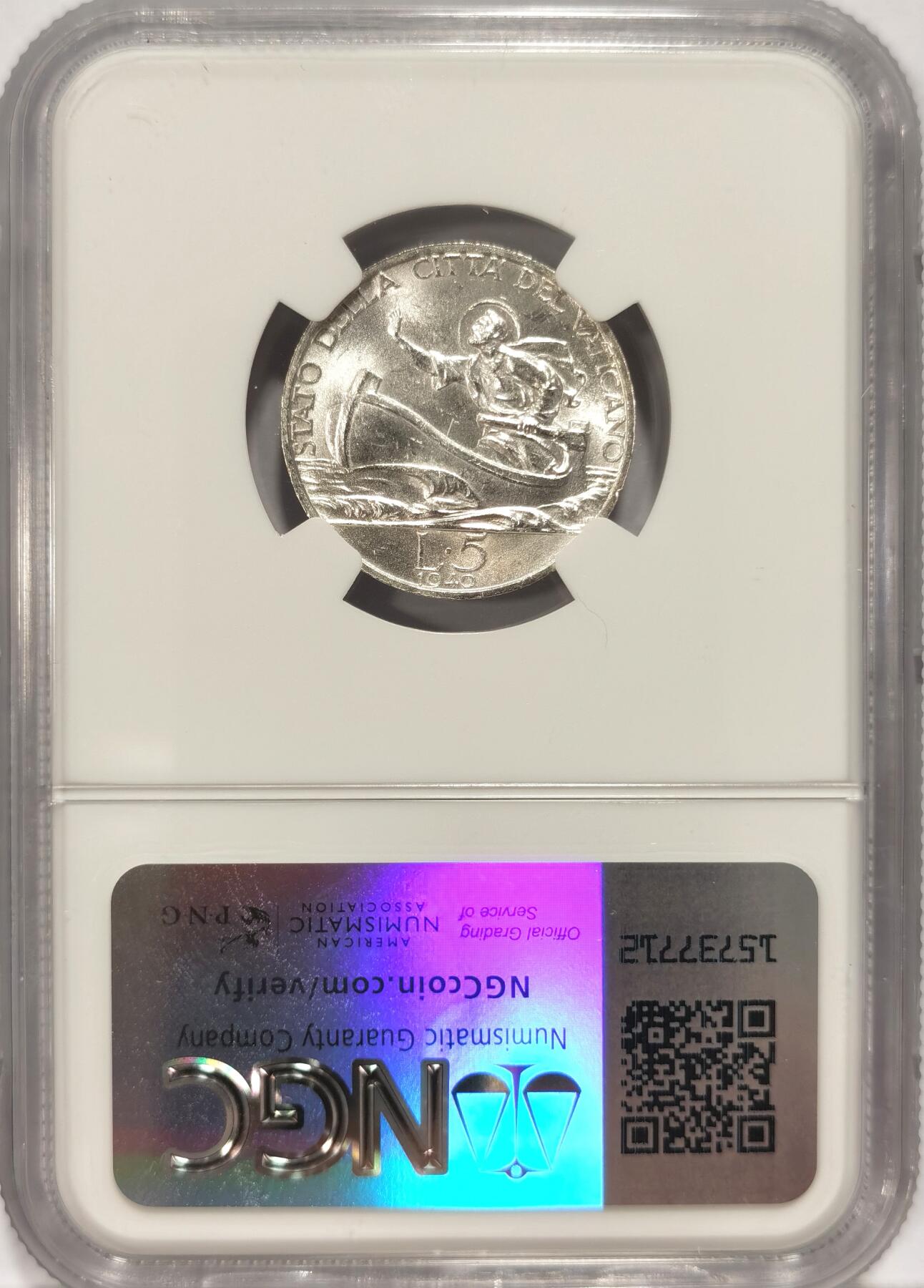 博洋堂世界钱币拍卖第086期（全场包邮） NGC MS64 梵蒂冈1940年5里拉划船银币
