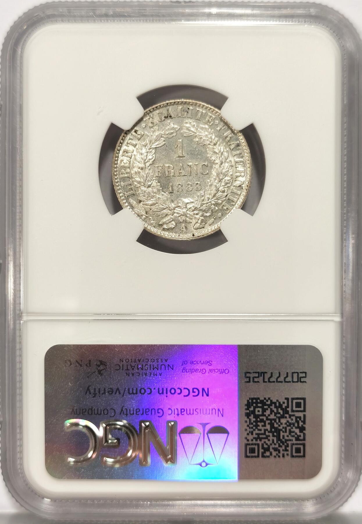 博洋堂世界钱币拍卖第086期（全场包邮） NGC MS64 法国1888年谷物女神1法郎银币 高分