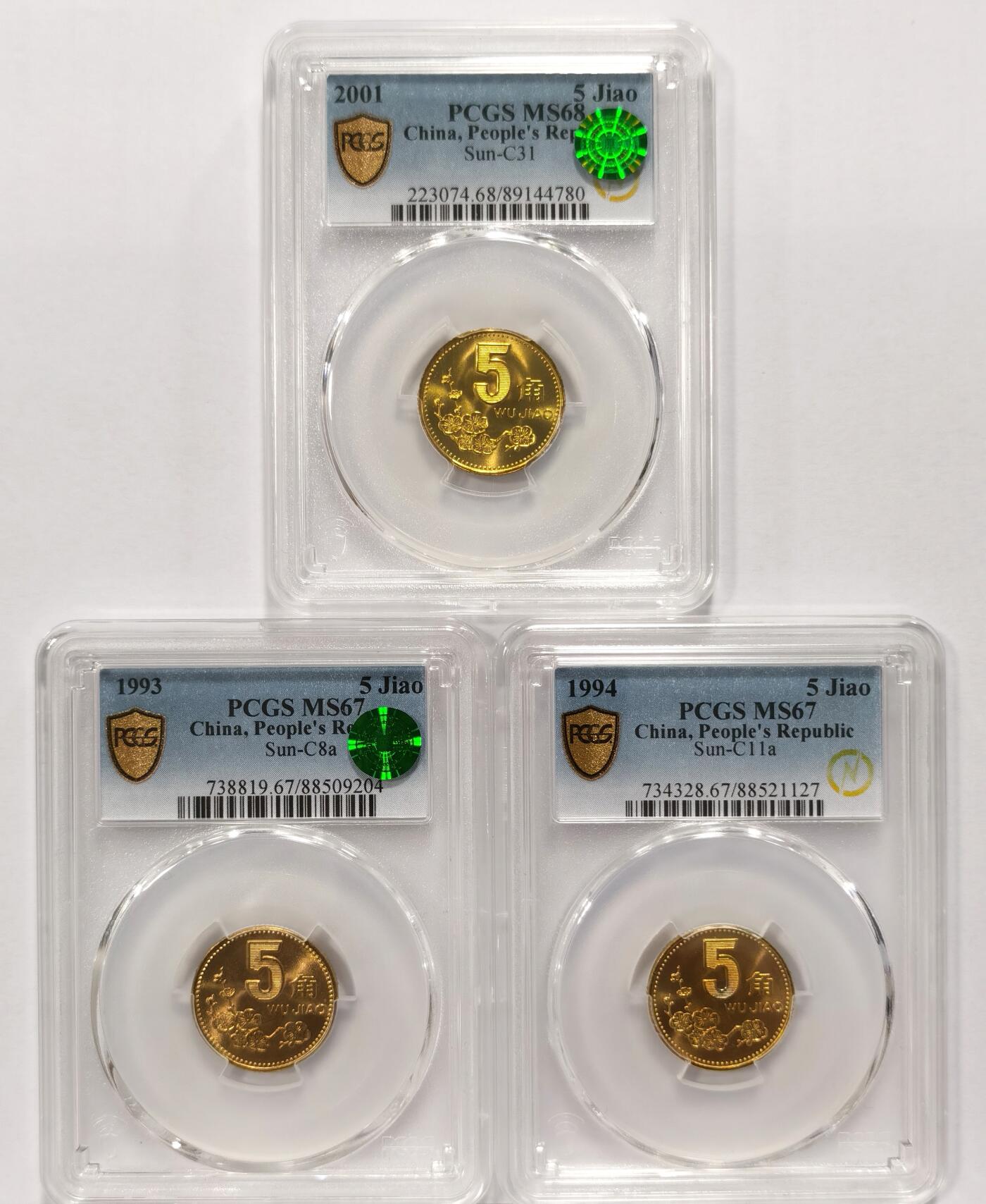 博洋堂世界钱币拍卖第086期（全场包邮） PCGS MS67 1993年、1994年/PCGS MS68 2001年梅花五角铜币三枚，2001冠军分，无养护，高分闪电标、1993和2001有荐藏绿标。PCGS官网指导价总计1386元