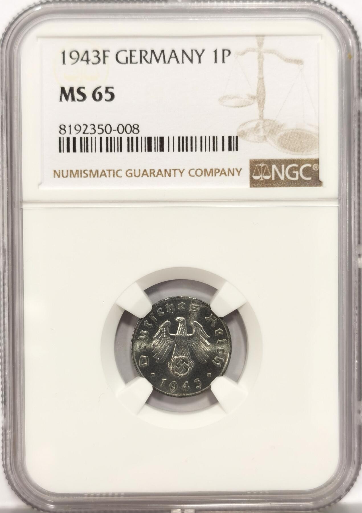 博洋堂世界钱币拍卖第086期（全场包邮） NGC MS65 德国1943F1芬尼锌币，卷拆马上送评，唯一一枚65分，冠军分