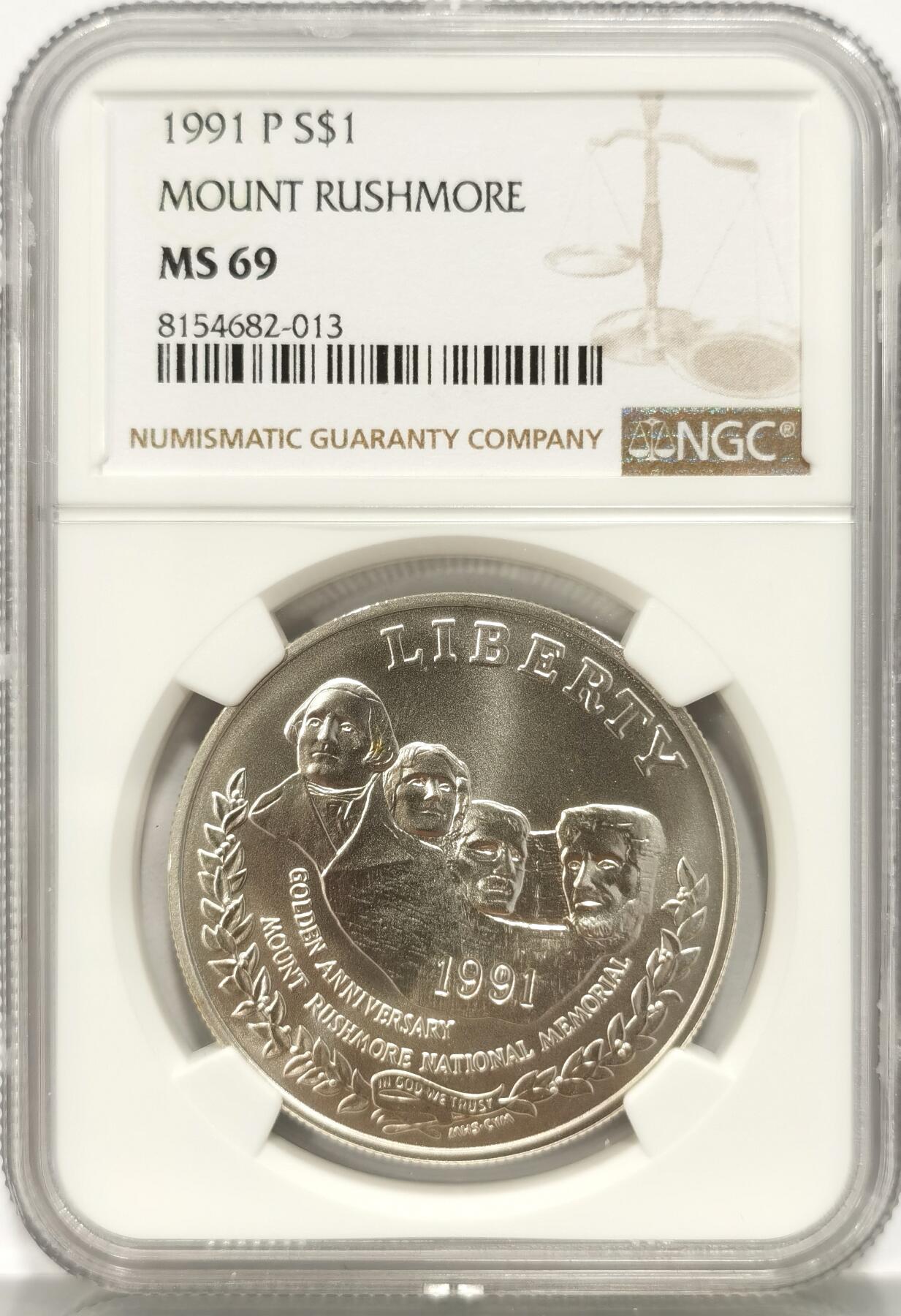 博洋堂世界钱币拍卖第086期（全场包邮） 美国1991年总统山1美元纪念银币NGC-MS69，原汁原味老包浆，币面清爽干净又漂亮，状态极佳