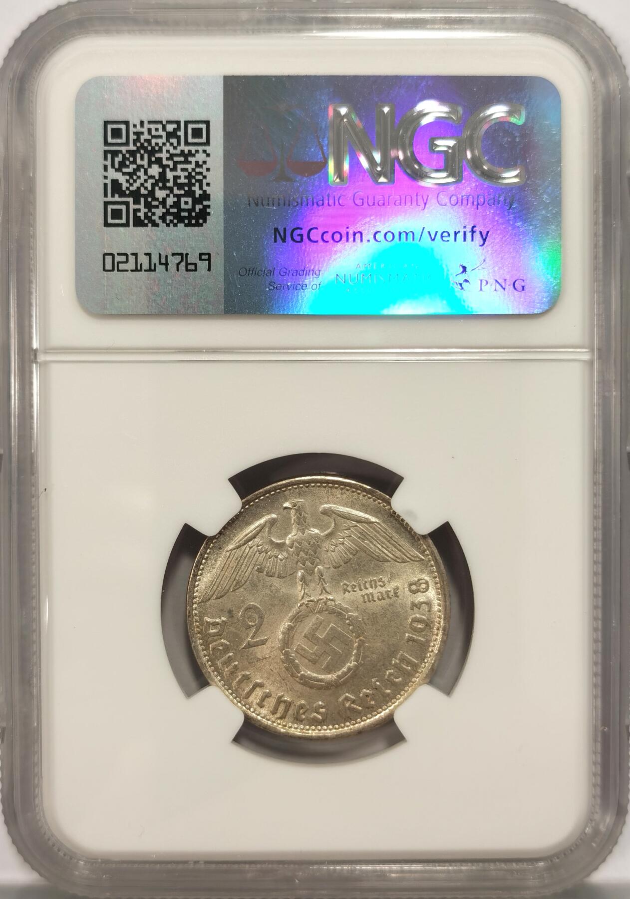 博洋堂世界钱币拍卖第086期（全场包邮） NGC MS62 德国1938B兴登堡2马克银币，币面干净，原光好品