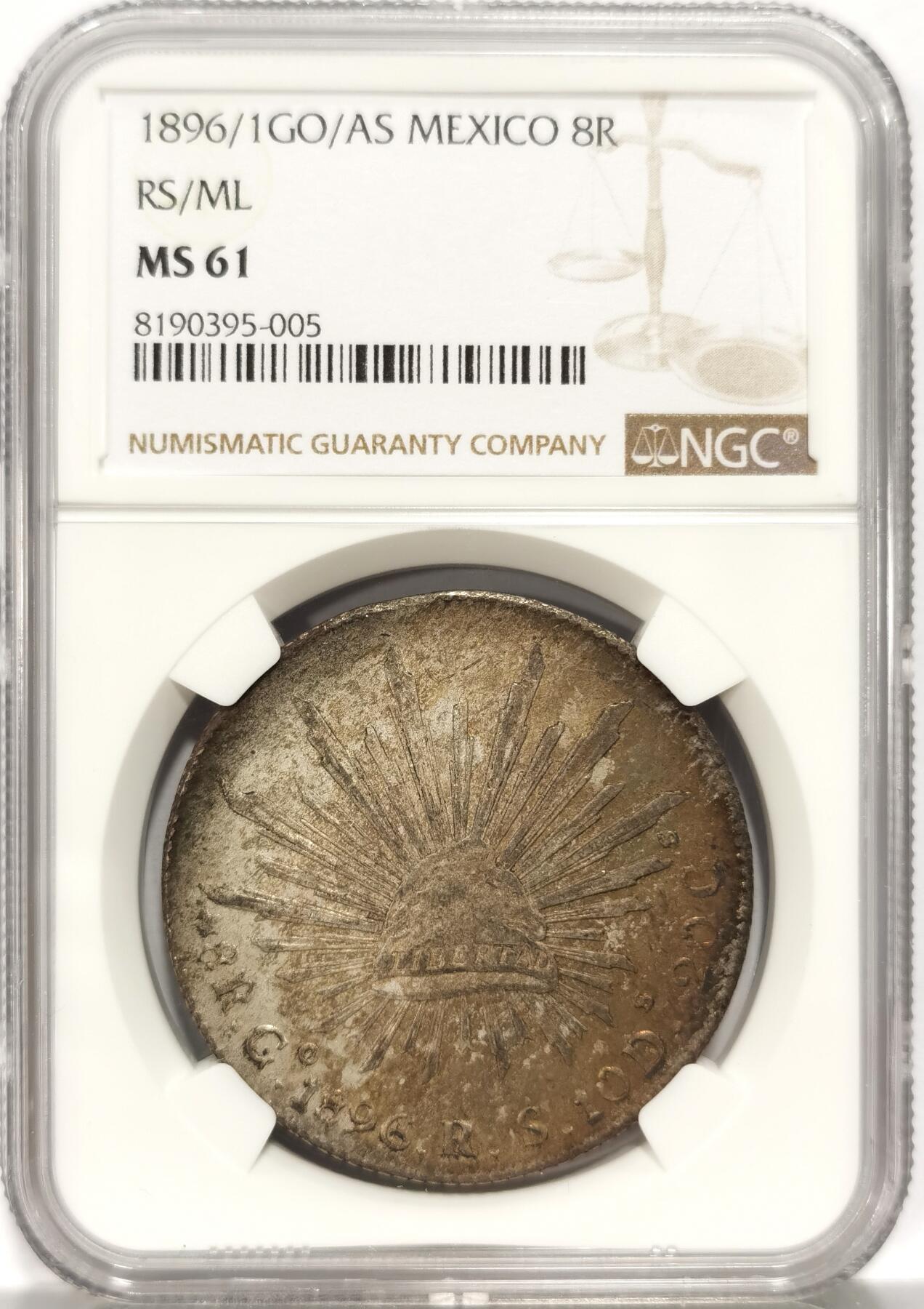 博洋堂世界钱币拍卖第086期（全场包邮） NGC MS61 墨西哥1896/1年GO/AS RS/ML花边鹰洋，罕见年份、厂别、鉴定师三骑字版，原味月芽彩包浆，收藏首选