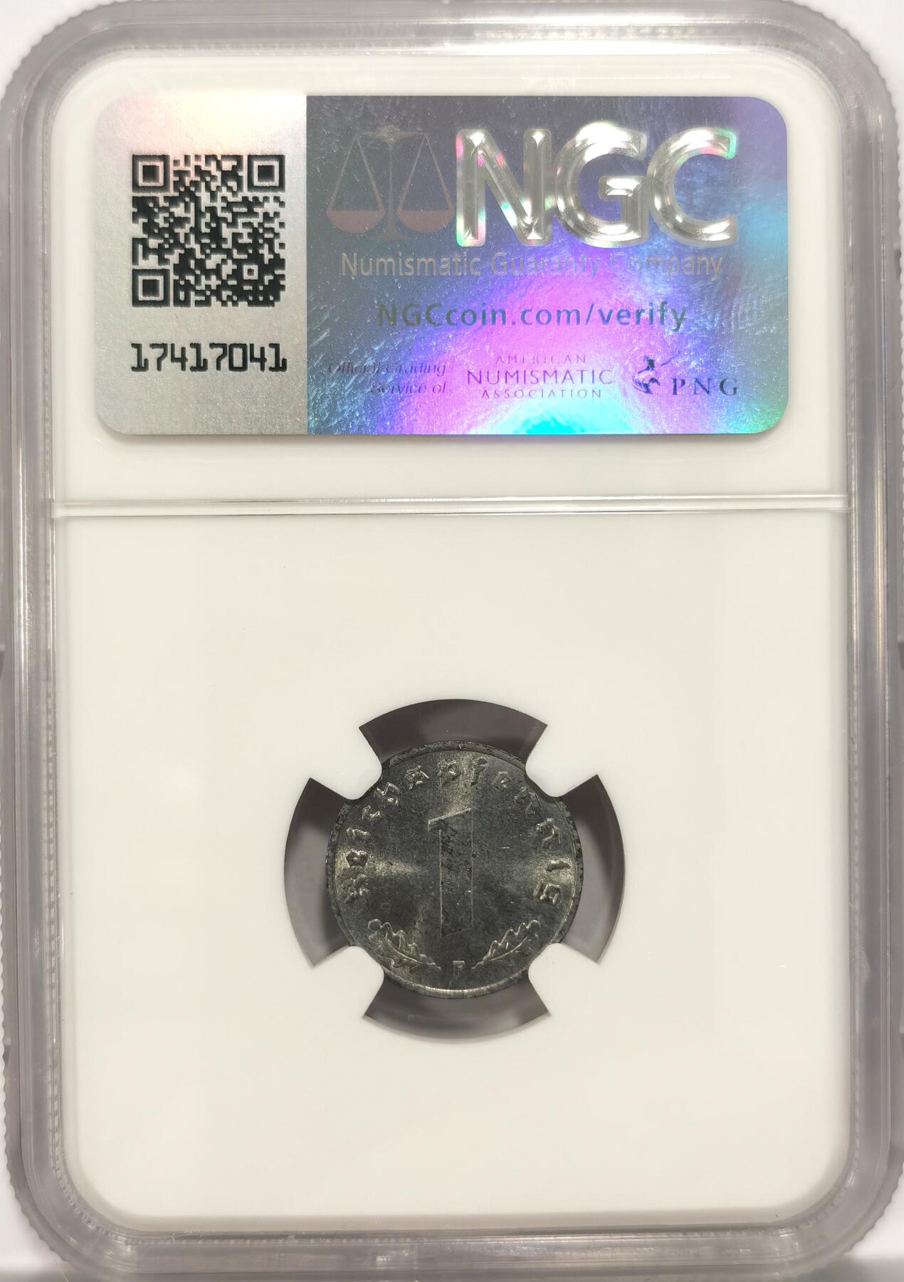 博洋堂世界钱币拍卖第086期（全场包邮） NGC MS63 德国1943F1芬尼锌币，卷拆马上送评，收藏品相