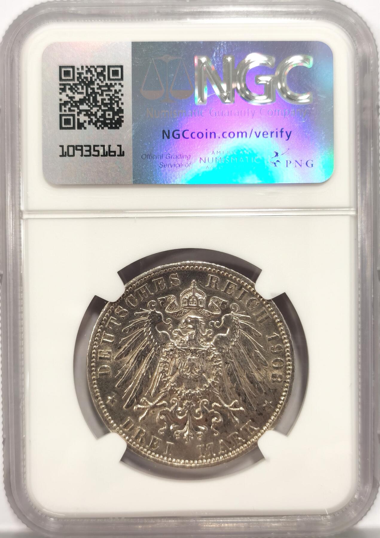 博洋堂世界钱币拍卖第086期（全场包邮） NGC AU58 德国普鲁士1908年威廉大头3马克银币