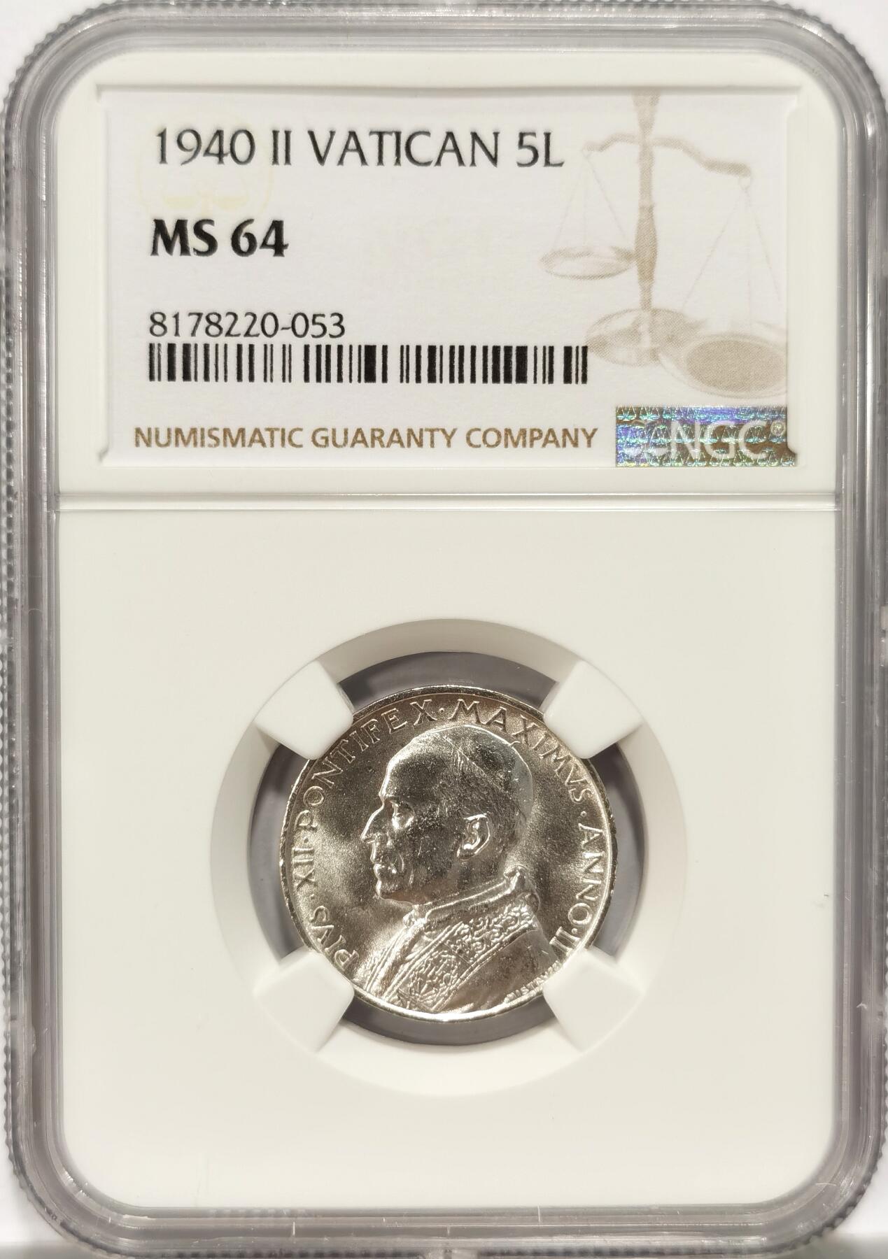 博洋堂世界钱币拍卖第086期（全场包邮） NGC MS64 梵蒂冈1940年5里拉划船银币